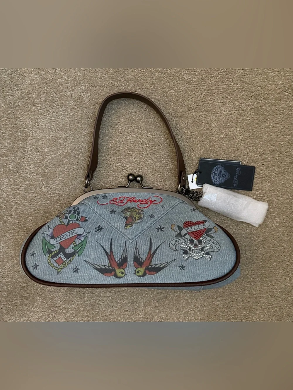 NWT Ed Hardy Tattoo Print Denim Canvas Kisslock Shoulder Bag Handbag Dome